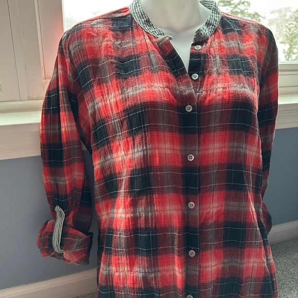 Like New C&C California Red/Black Plaid Button Up Shirt, Banded Stripe C… - Picture 5 of 7